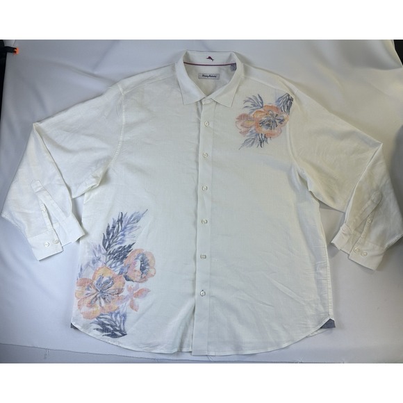 Tommy Bahama Shirt Mens White Linen Blend Sz XLB‎ Reverse Print Flower Button Up - Picture 1 of 8